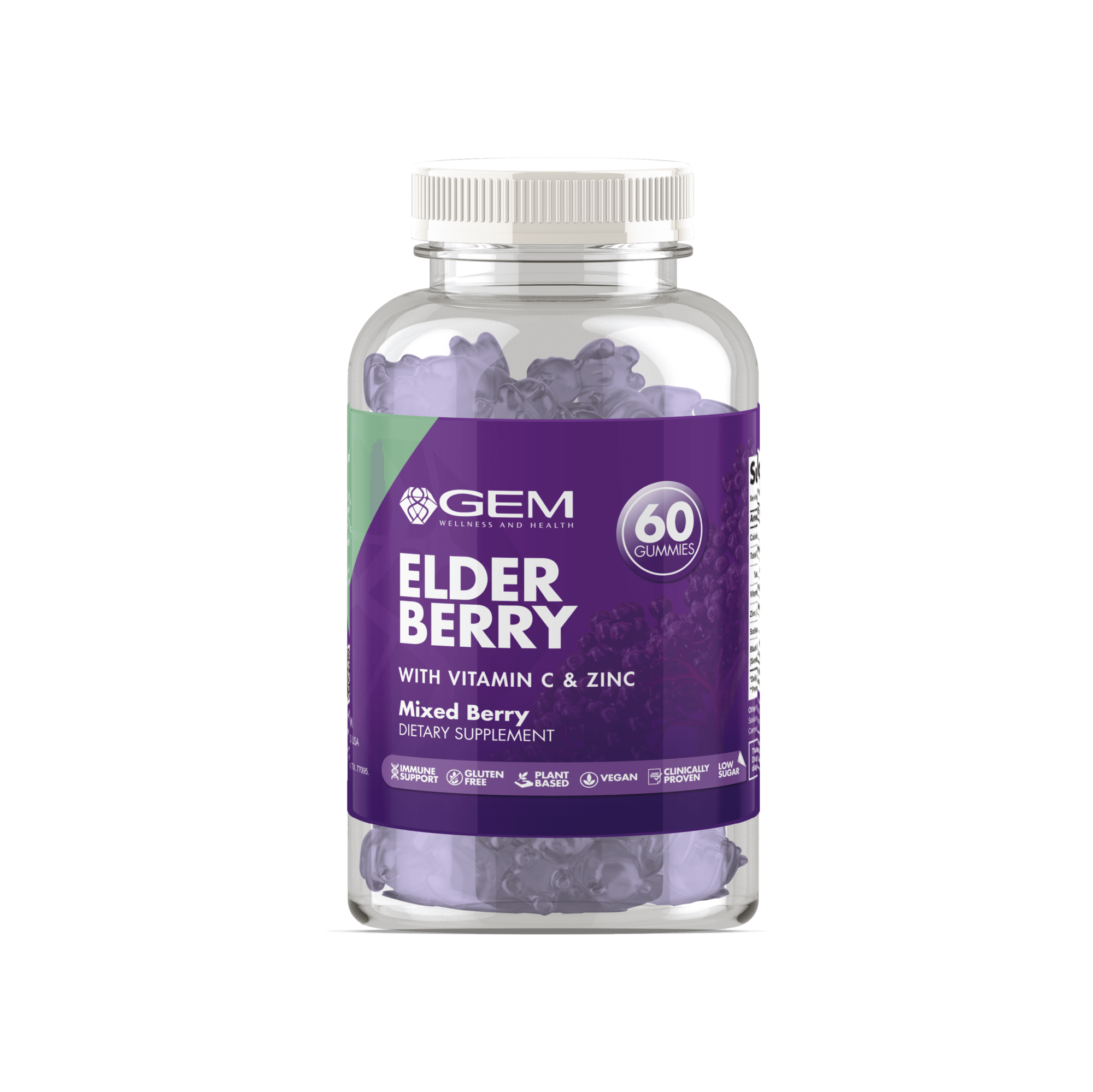 Gem Wellness and Health Elderberry Gummies 150 mg 60 Count.